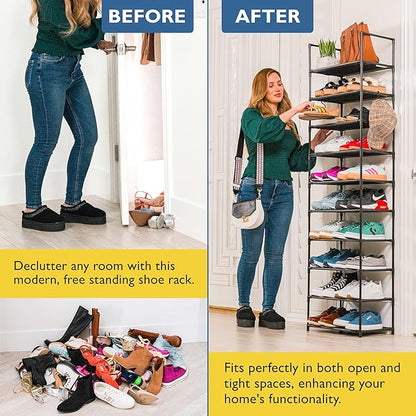 Sundaze Shoe Rack - 10 Tier Tall Shoe Rack for Closet, Sturdy Stackable Shoe Organizer for Closet, Bedroom, Entryway, Garage, Non Woven Fabric Shelf, Black, Holds 20-30 Pairs