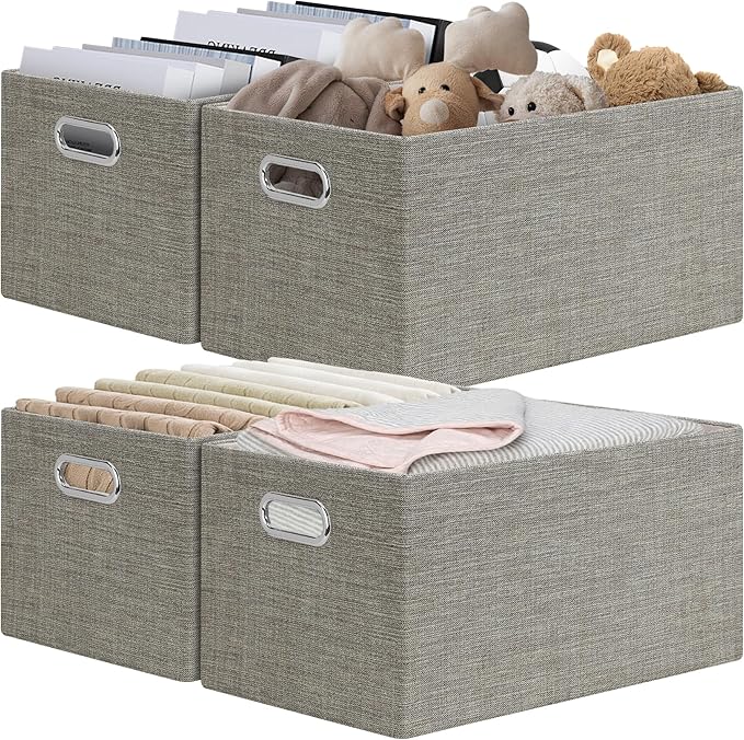 Posprica Closet Storage Bins, 4 Pack Closet Shelf Organizers, Linen Fabric Decorative Storage Baskets for Organizing, Foldable Storage Box for Clothes, Toy, 15x10.5x8.25 Inch-Coffee