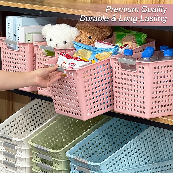 Soddeph Slim Plastic Storage Basket with Handles, Narrow Organizer box for Shelves, Organizer box for Organizing, Kitchen,Home,Office (Pink, Large)