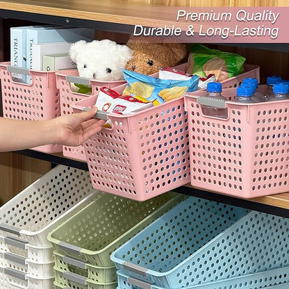 Soddeph Slim Plastic Storage Basket with Handles, Narrow Organizer box for Shelves, Organizer box for Organizing, Kitchen,Home,Office (Pink, Large)