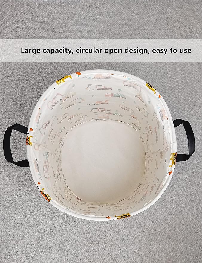 QUEENLALA Large Storage Basket,Laundry Hamper/Bathroom/Home Decor/Collapsible Round Storage Bin,Boys and Girls Hamper/Boxes/Clothing(Round-Excavator)