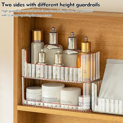 Poeland 2 Pack Stackable Makeup Organizer Tray, Transparent Cosmetic Display Case with 2 Lipstick Cases and 2 Cotton Swab Pad Boxes, Medicine Cabinet Shelves Organizer
