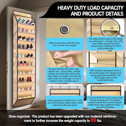 Kotkn 10 Tier Over The Door Organizer - Heavy Duty Hanging Storage Rack with Sturdy Oxford Fabric, Holds 20+ Pairs of Footwear, Boots & Sneakers, Saves 50% Closet Space(Beige)