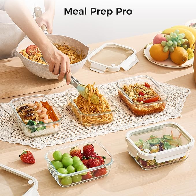 Vtopmart 5 Pack 35oz Glass Food Containers with Glass-Lids & Air Vent, Meal Prep Food Container Sets, Reusable Lunch box for leftovers, Save for Microwave, Oven, Freezer, and Dishwasher, BPA Free