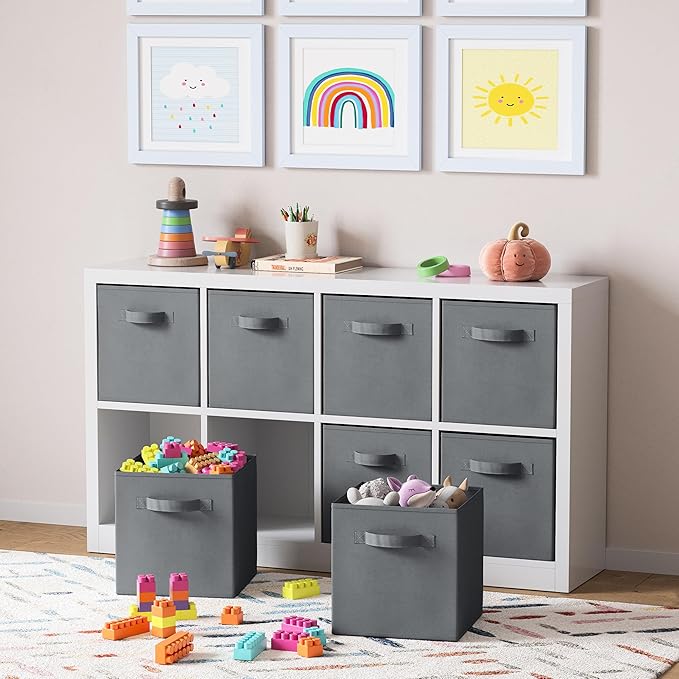 Storage Cubes Pack Of 8 - Standard Size Cube Storage Bin 10.5x10.5x11 With Dual Handles For Easy Carrying- Fabric Storage Bins Collapsible (Grey)