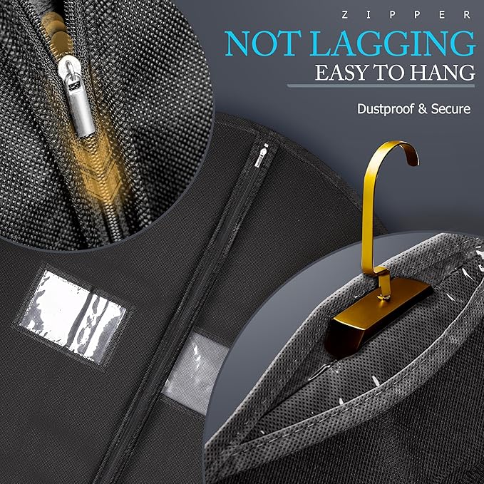 Hleelomi 5 Pack 60-inch Suit Bag Garment Bag for Travel and Storage, Garment Bags for Hanging Clothes with Zipper and Visible Transparent Window, Black