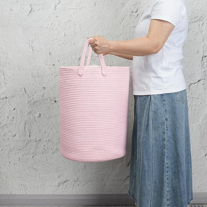 Woven Cotton Rope Laundry basket-15”X20” Laundry Hamper-Rope Storage Basket for Dirty Clothes, Toys and Blankets Perfect for Bathroom, Baby nursery and Living Room Storage (pink)