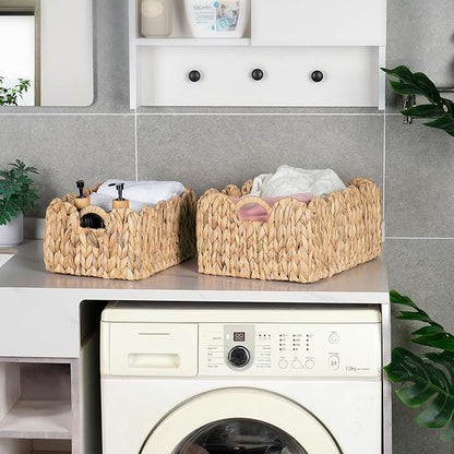 iEGrow Scalloped Wicker Basket, Set of 2 Woven Rattan Natural Water Hyacinth Baskets with Built-in Handles, Rectangle Storage Baskets for Organizing, Decor, Shelf and Nursery Room
