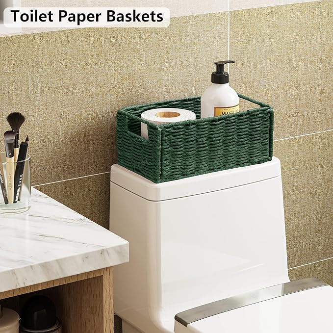 Vagusicc Wicker Storage Basket, Set of 2 Hand-Woven Paper Rope Wicker Basket, Small Storage Baskets for Organizing Toilet Paper, Foldable Small Cube Organizer Bins for Shelves and Bathroom (Green)