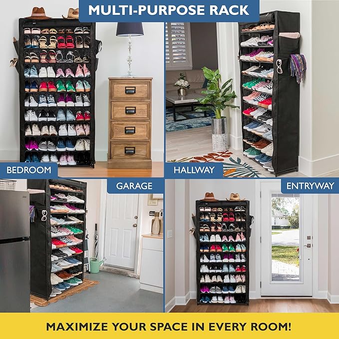 Sundaze Shoe Rack with Cover - 10 Tier Shoe Rack for Front Door Entrance, Sturdy Tall Shoe Organizer for Bedroom, Closet, Garage, Non Woven Fabric Shelf, Black, Holds Up to 50 Pairs