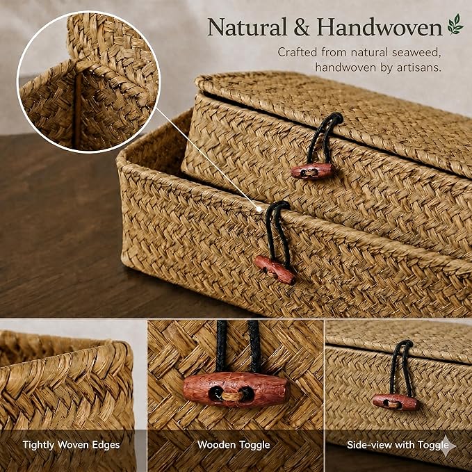 4 Pack, Wicker Baskets with Lids, Nautral Seagrass Storage Baskets, Woven Rectangular Basket Bins, Rattan Storage Organizer for Shelf (Natural, Set of 2)