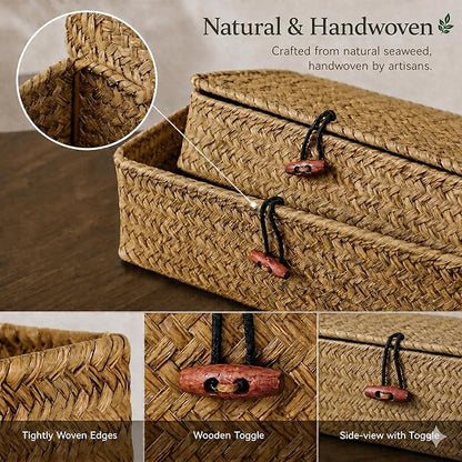 4 Pack, Wicker Baskets with Lids, Nautral Seagrass Storage Baskets, Woven Rectangular Basket Bins, Rattan Storage Organizer for Shelf (Natural, Set of 2)