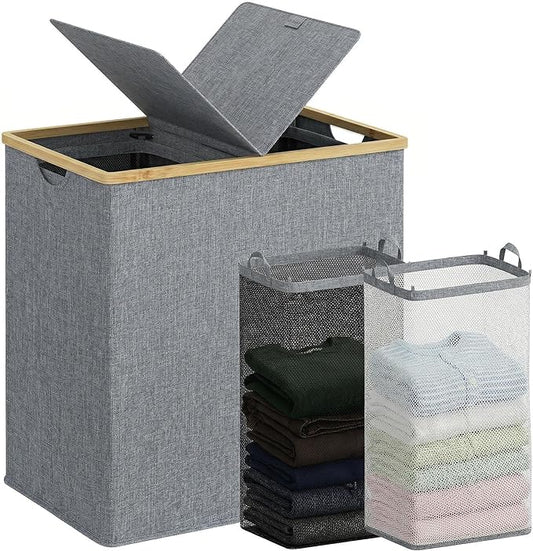 efluky Laundry Hamper with Lid, Double Laundry Basket with 2 Removable Bags, 2 Section Laundry Bin with Bamboo Handles for Bathroom, Bedroom & Laundry Room, 140L (36.9 Gallon) Blue Grey