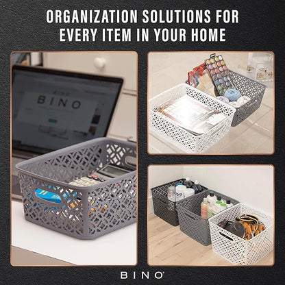 BINO l Plastic Storage Baskets, XLarge - Grey | THE BLOSSOM COLLECTION l Multi-Use Organizer Bin l Built-in Handles l Plastic Woven Basket for Organizing l Pantry & Home Organizing Basket