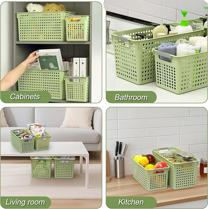 Soddeph Slim Plastic Storage Basket with Handles, Narrow Organizer box for Shelves, Organizer box for Organizing, Kitchen,Home,Office (Green, Medium)