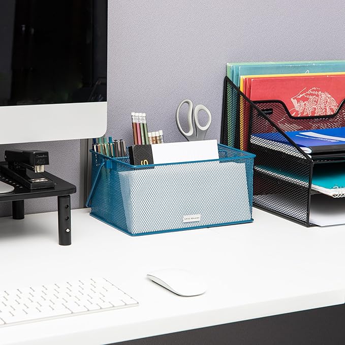 Mind Reader Multi-purpose Storage Caddy with Handle, Desktop Organizer, Cutlery Holder, 4 Compartments, Metal Mesh, Turquoise
