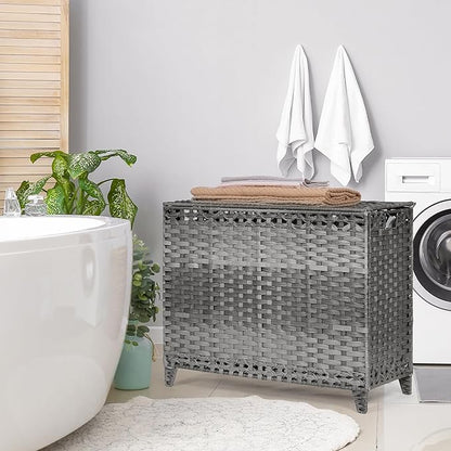 Laundry Hamper with 4 Removable Liner Bags; 176L Handwoven Rattan Laundry Basket with Lid & Heightened Feet; Clothes Hamper with Side Handles