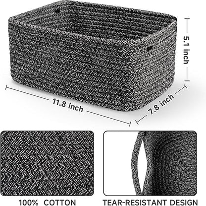 3-Pack Shelf Baskets for Organizing, Closet Organizer Bins, Small Woven Baskets, Rope Toy Basket, Storage Basket for Shelves, Cube Decorative Box, 11.8×7.8×5.1”, Mixed Black