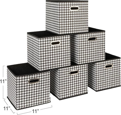 Household Essentials Foldable Fabric Storage Cubes 6-Pack – 11x11x11 Stackable Non-Woven Bins with Chipboard Sides & Grommet Handles – Closet, Shelf, Nursery, or Office Organizer – Houndstooth