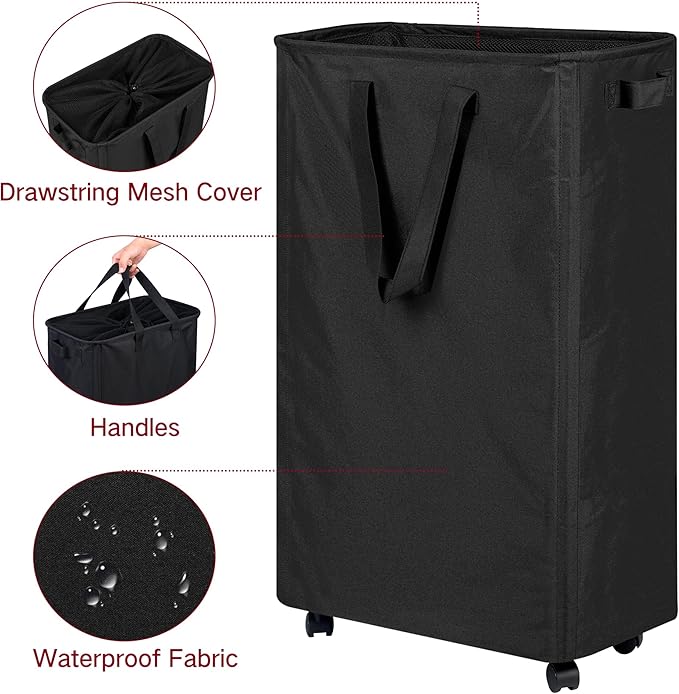 efluky Slim Laundry Hamper with Wheels, Rolling Laundry Basket for Clothes, Small Laundry Basket for Bedroom, Dorm and Laundry Room, 75L (19.8 Gallons) Black