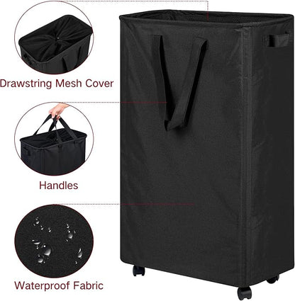 efluky Slim Laundry Hamper with Wheels, Rolling Laundry Basket for Clothes, Small Laundry Basket for Bedroom, Dorm and Laundry Room, 75L (19.8 Gallons) Black