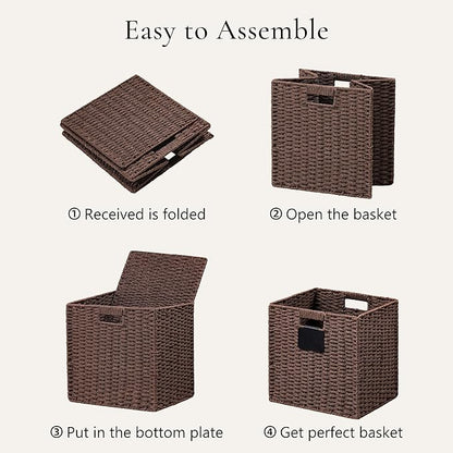 UBBCARE 4 Pack Wicker Basket, 10.5×10.5 Storage Cubes with Label, Foldable Cube Storage Bin with Handle, Square Storage Basket for Shelves, Woven Paper Rope Basket for Organizing, Brown