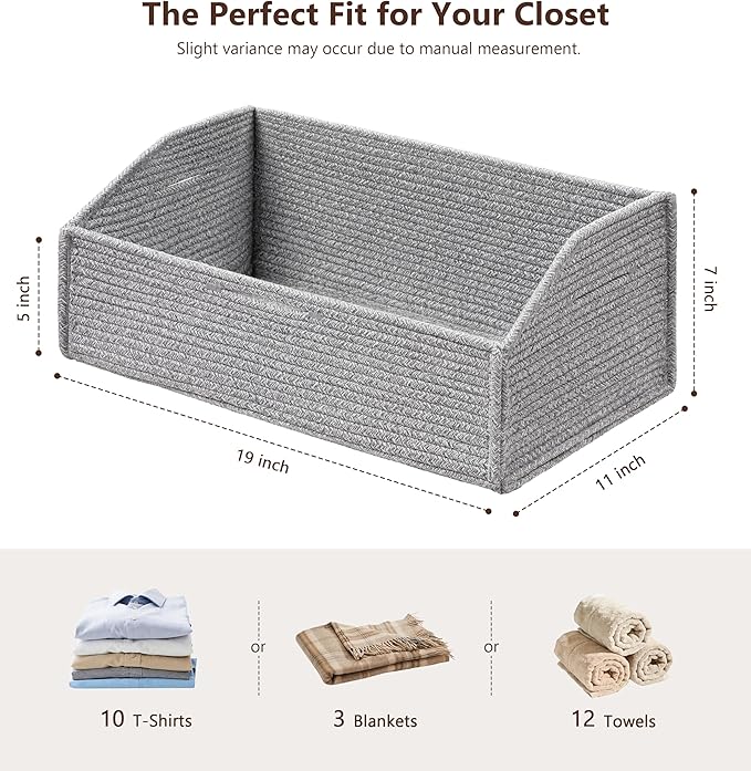 UBBCARE Closet Storage Bins 2 Pack, Cotton Rope Clothes Storage Bins & Sturdy Dog Toy Basket, 19" X 11" X 7" Shelf Baskets for Organizing, Grey