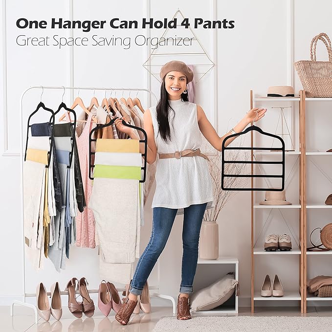 Velvet Pant Clothes Hanger Space Saving Non Slip Shorts Hanger, Myfolrena Jeans Slack Trousers Hangers Multiple Velvet Hanger Closet Organizer Storage and Organization for Jeans,Scarf,Tie(Black,3)