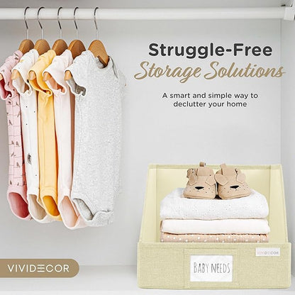 VIVIDECOR Open Front Trapezoid Closet Bins 12x12x10 – Closet Shelf Organizer for Folded Clothes, Easy Access Fabric Storage Baskets – Light Beige, 3 Pack