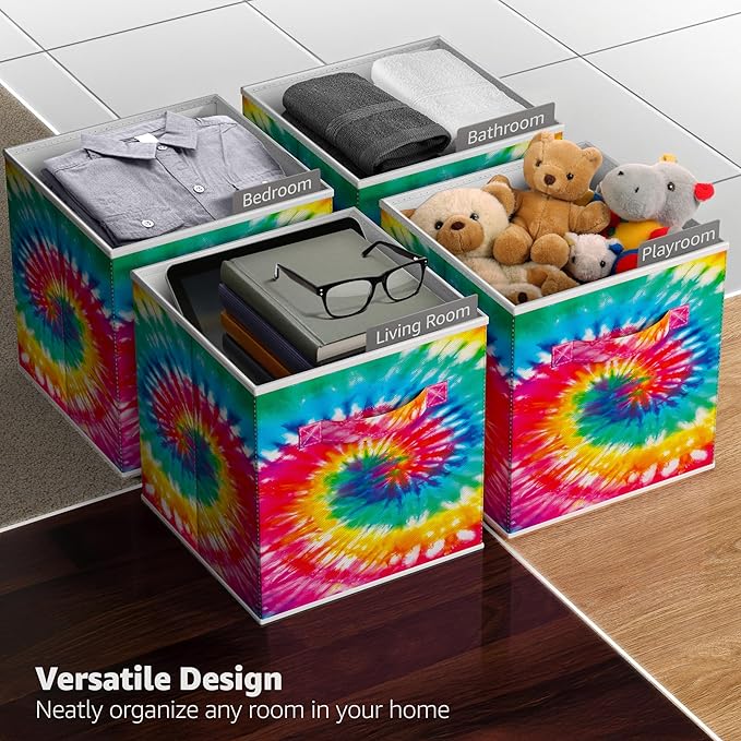 Sorbus 11 Inch Fabric Storage Cubes - Sturdy Collapsible Storage Bins & Handle - 6 Foldable Baskets for Organizing Clothes - Multi Colored Storage Baskets for Shelves (Dark Tie-dye, 11 Inch)