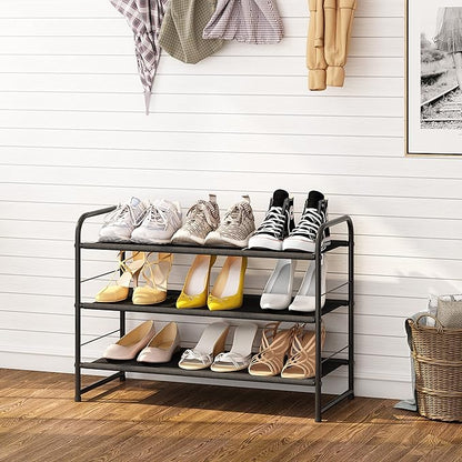 Simple Trending 3 Tier Stackable Shoe Rack, Expandable Adjustable Fabric Shoe Shelf Storage Organizer, Black
