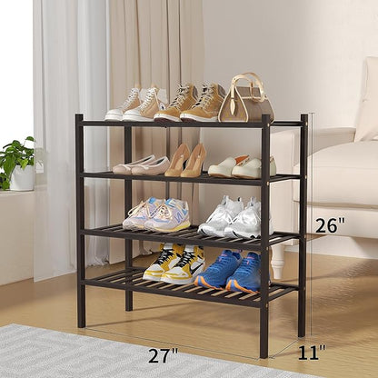 ROMGUAR CRAFT 4 Tier Bamboo Shoe Rack for Closet Free Standing Wood Shoe Shelf for Entryway Small Space Stackable 27"x11"x26" (Brown)