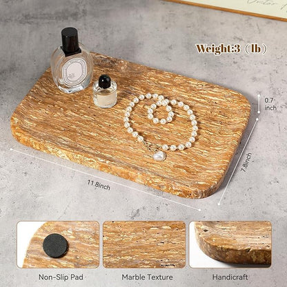 Karibiber Natural Marble Vanity Tray, 11.8" Travertine/Stone Bathroom Tray Countertop, Golden Stone for Perfume Jewelry Holder, Decorative Dresser Organizer, Storage for Kitchen Sink(Walnut Traver)