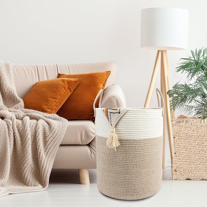 Woven Cotton Rope Laundry basket-15”X20” Laundry Hamper-Rope Storage Basket for Dirty Clothes, Toys and Blankets Perfect for Bathroom, Baby nursery and Living Room Storage (white and brown)