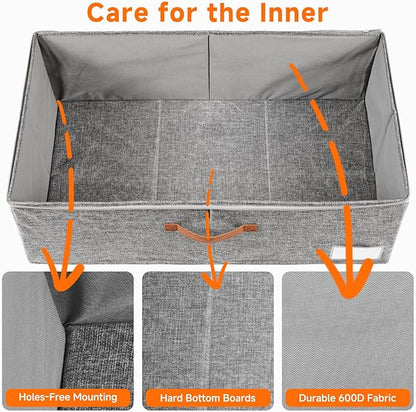 60L Large Under Bed Storage with Wheels Pack of 2, Underbed Shoe Container Bin with Clear Lid Cover, 10.5 Inches Rolling Under Bed Drawer Storage Bag Basket for Boots Quilt Sweater - Grey