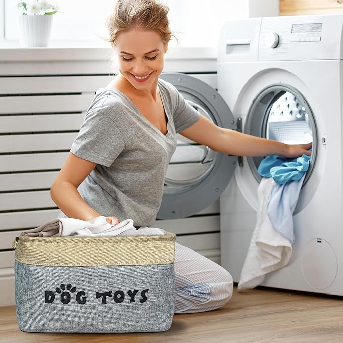 PET ARTIST Dog Toy Basket, Collapsible Dog Toy Bin Box with Comfortable Handles, Large Pet Toy Storage Basket Organizer for Accessories, Toys,Coat & Clothing,Blanket Leash (Gray, M:15"x11"x9")