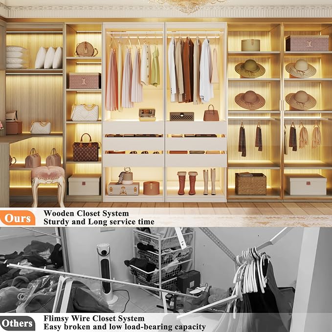 HUAHUU Freestanding 2FT Closet System with 3 Wood Drawers & Glasstop, 24" Closet Organizer System with Hanging Rod & LED Lights, Walk-in Closet Systems for Small Closets, White (24"L x 16" W x 80" H)