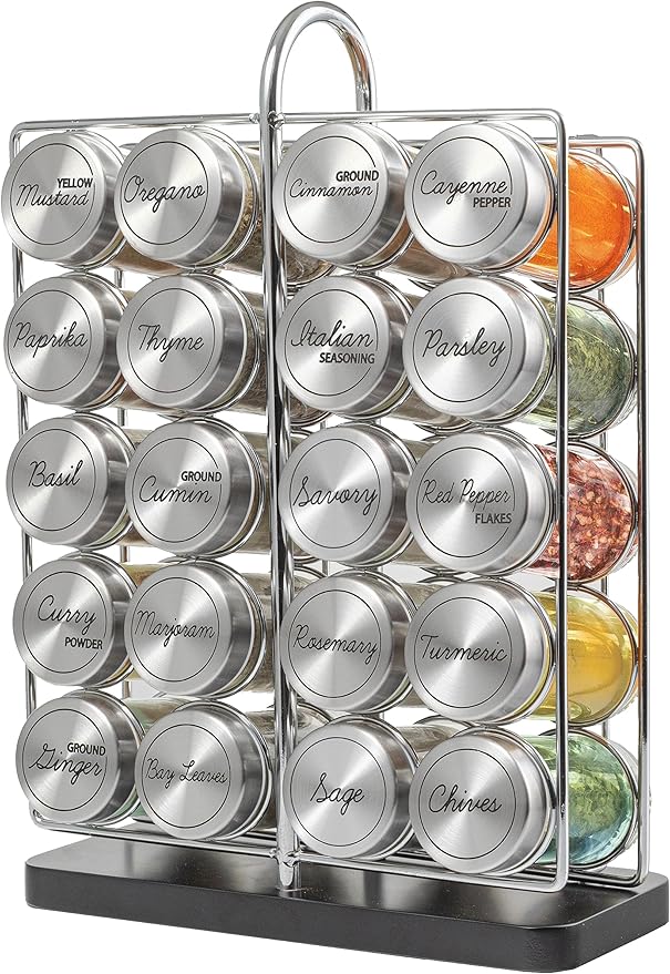 Orii 20 Jar Spice Rack Stainless Steel with Spices Included - Standing Rack Shelf Holder & Countertop Spice Rack Tower Organizer for Kitchen Spices