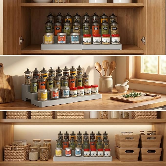 YAN & HIN Expandable Spice Rack Organizer for Cabinet (2 Pack), 3-Tier Tiered Spice Shelf Organizer with Non-Skid Surface, Spice Riser, Adjustable Pantry Organizer for Spices, Cans & Medicine Cabinet