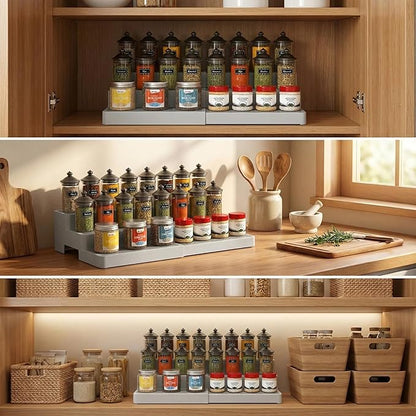 YAN & HIN Expandable Spice Rack Organizer for Cabinet (2 Pack), 3-Tier Tiered Spice Shelf Organizer with Non-Skid Surface, Spice Riser, Adjustable Pantry Organizer for Spices, Cans & Medicine Cabinet