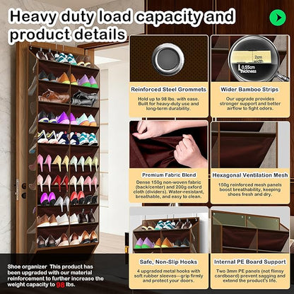 Kotkn 10-Tier Over the Door Shoe Organizer, 20 Pockets Holds 20-30 Pairs, Heavy-Duty Oxford Fabric with Hexagon Mesh for Boots & Sneakers-Coffee Brown