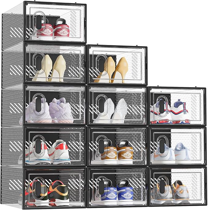 SIMPDIY Shoe Storage, 12 Pack Shoe Organizer for Closet, Shoe Boxes Clear Plastic Stackable Shoe Containers with Lids for Size 10, Black