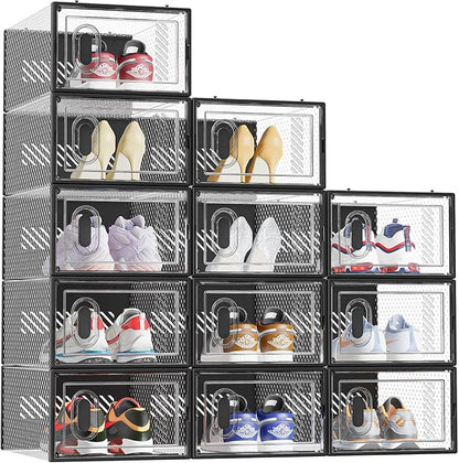SIMPDIY Shoe Storage, 12 Pack Shoe Organizer for Closet, Shoe Boxes Clear Plastic Stackable Shoe Containers with Lids for Size 10, Black