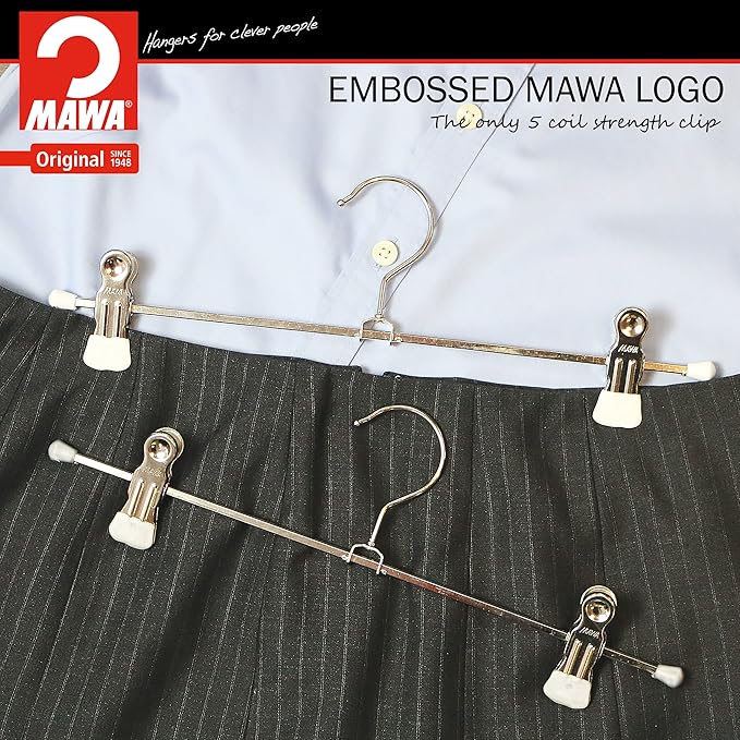 Mawa by Reston Lloyd Non-Slip Space-Saving Clothes Hanger For Pants & Skirts with Two Non-Slip Clips, Style K/30D, 12-Inch, Set of 10, White