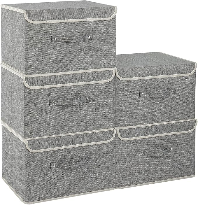 Fabric Storage Bins Cube Organizers with Flip-Top Lid and Handles,Storage Boxes for Organizing Home,Office,and Closet,Grey,5 Pack 15 x 9.8 x 9.8 in