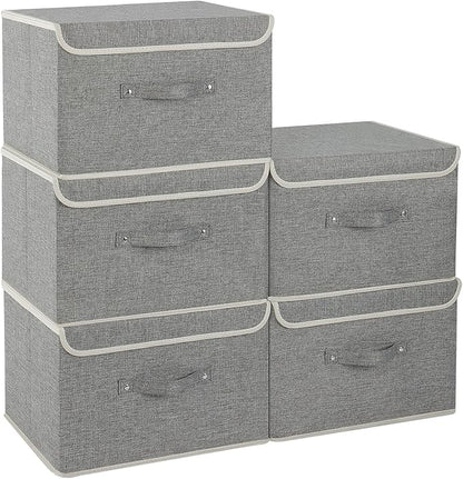 Fabric Storage Bins Cube Organizers with Flip-Top Lid and Handles,Storage Boxes for Organizing Home,Office,and Closet,Grey,5 Pack 15 x 9.8 x 9.8 in