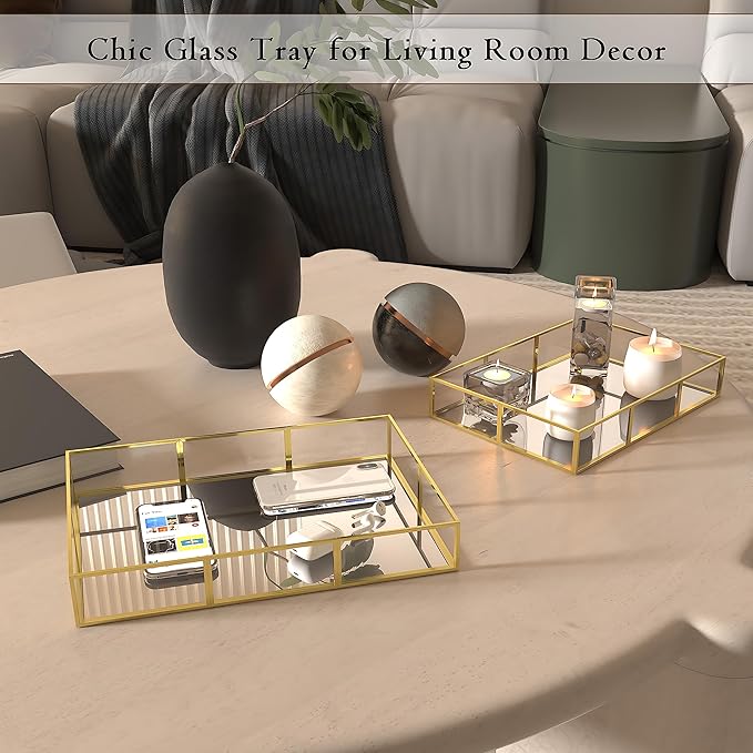 Perfume Tray Vanity Tray with Metal Frame, Gold Tray for Bathroom, Jewelry or Home Decoration 2 Pcs (L+S)