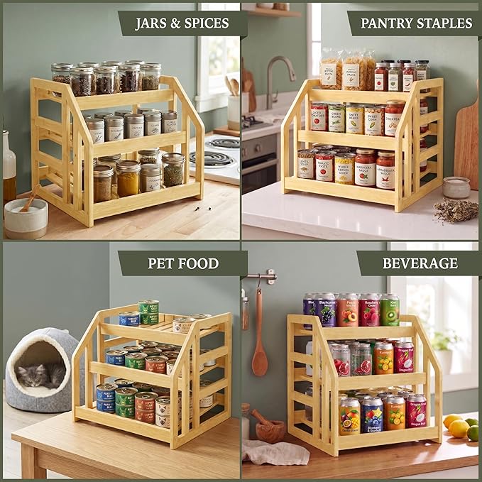 Bamboo Can Organizer for Pantry, 3 Tier Tilt Rack Holds 36 Cans, Adjustable Dividers, Sturdy Wood Soda Storage for Refrigerator, Spice Jar Holder, Cat Food Bin, Cabinet Countertop