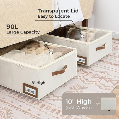 StorageWorks Under Bed Storage with Wheels, 10" Underbed Storage Containers with Lid, 90L Clothes Organizer for Blankets, Sweaters, Bedding, 2-Pack, Beige