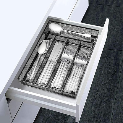 LIANYU Silverware Utensil Drawer Organizer, 5 Compartments Steel Mesh Cutlery Flatware Tray with Foam Feet, 9 1/4" W x 12 1/2" L x 2" H, Black